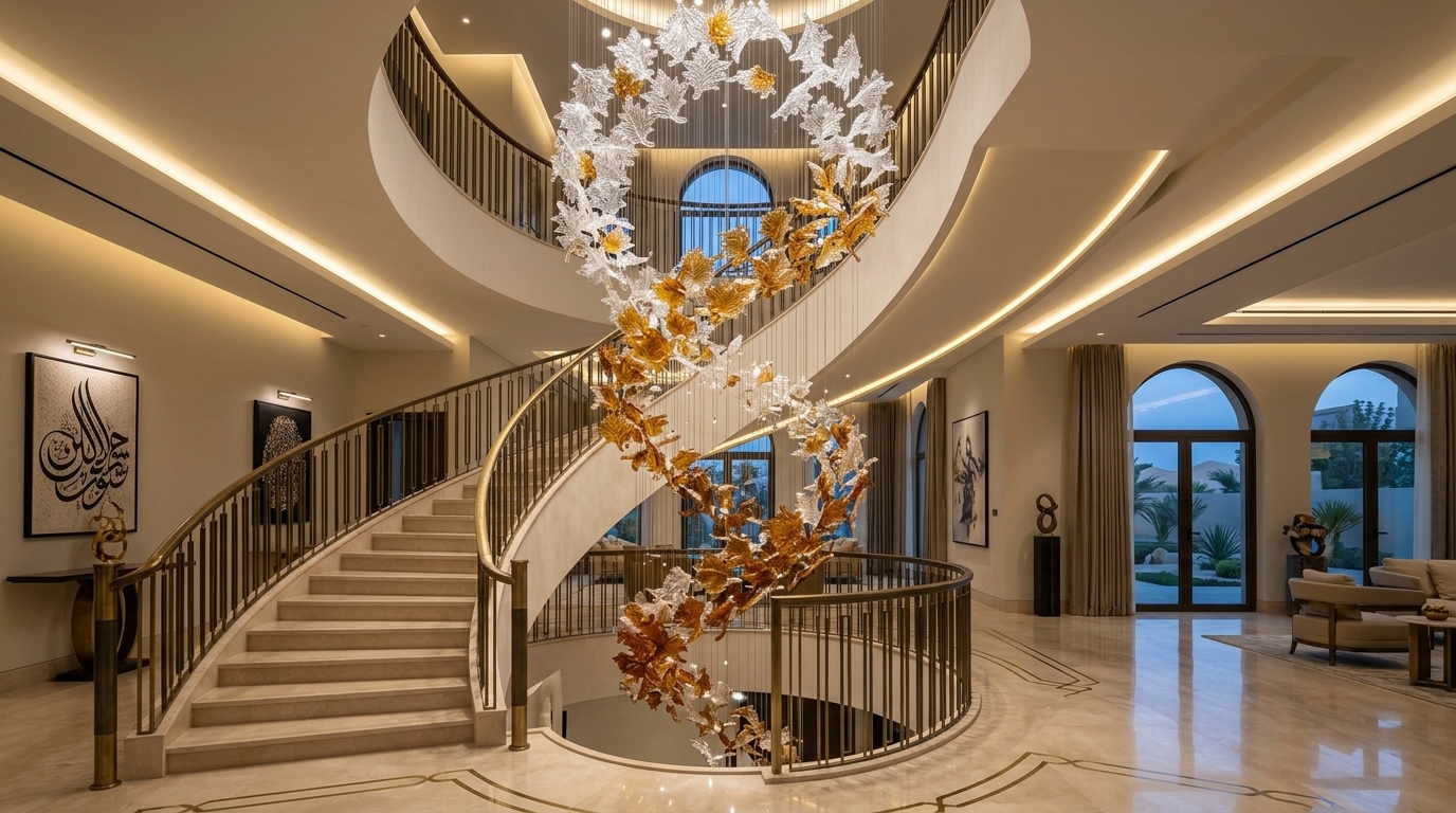 Helical amber and ice glass leaf spiral chandelier cascading down grand marble staircase