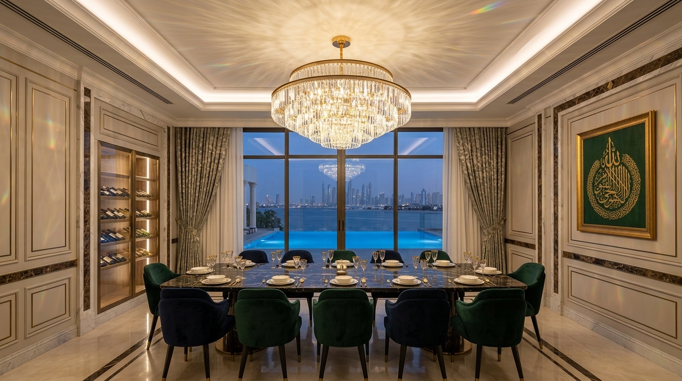 Luxury tiered circular crystal prism halo chandelier over formal dining table in Dubai